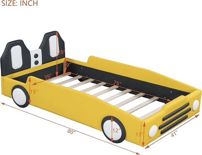 Twin Size Race Car Bed for Kids, PU Car-Shaped Bedframe with Wheels and Side Rails for Boys,Girls, Wood Slat Support, No Box Spring Needed,Yellow - LeafyLoom