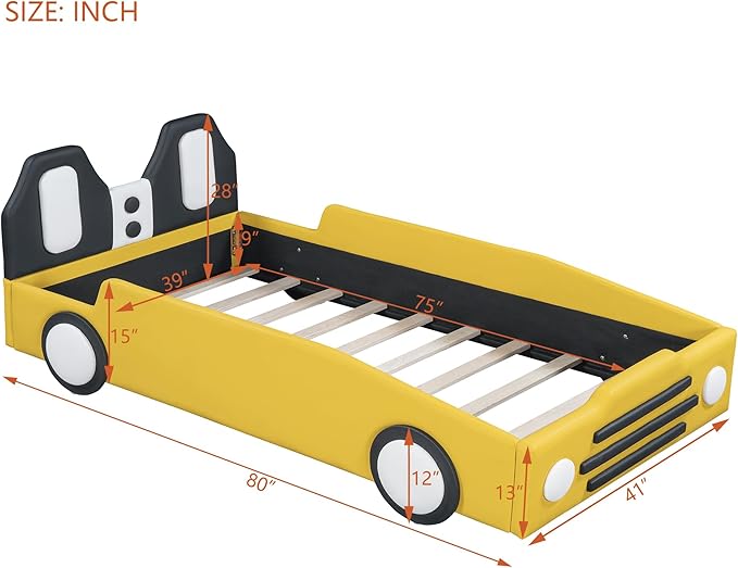 Twin Size Race Car Bed Platform Bed with Wheels and Side Rails,Bed Frame W/Headboard & Slats Support,for Kids Boys Girls Teens,Yellow - LeafyLoom