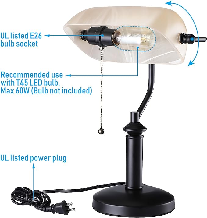 TORCHSTAR Pale Yellow Glass Bankers Desk Lamp, UL Listed, Antique Desk Lamps with Uniquely Textured, Traditional Library Lamp with Pull Chain, E26 Base, Desk Lamp for Office, Study Room - LeafyLoom