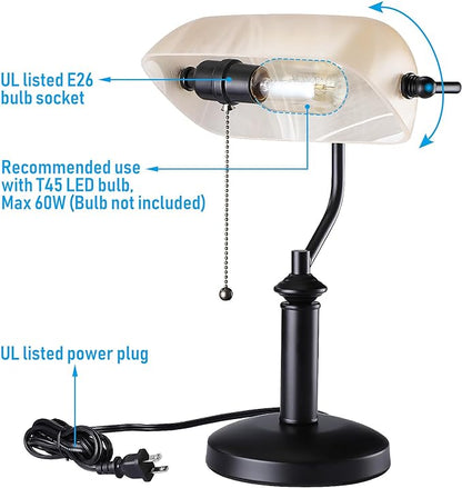 TORCHSTAR Pale Yellow Glass Bankers Desk Lamp, UL Listed, Antique Desk Lamps with Uniquely Textured, Traditional Library Lamp with Pull Chain, E26 Base, Desk Lamp for Office, Study Room - LeafyLoom