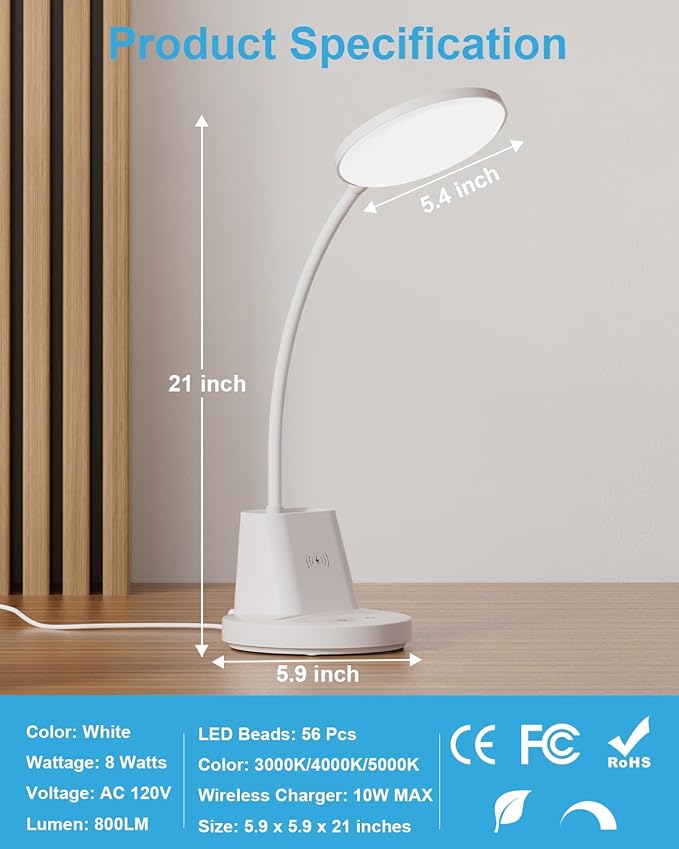 hansang LED Desk Lamp with Wireless Charger for Home Office, Stepless Dimmable, 3 Color Modes, Touch Control White Study Lamp for College Dorm Room, Pen Holder, CRI 90, 800 Lumen, Adapter Included - LeafyLoom