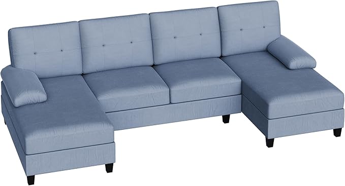 Shintenchi Sectional Couches for Living Room, U Shaped Sofa Couch with Double Chaise, 4-Seat Living Room Furniture Sets with Soft Cushion & Linen Fabric, Blue - LeafyLoom