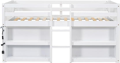 LED Twin Size Low Loft Bed for Kids,Twin Loft Bed with Storage Shelves,Kids Low Loft Bed Frame with LED Light,Space Saving, White - LeafyLoom