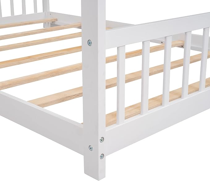 Bellemave Full Montessori Floor Bed Frame, White, Modern Style, No Box Spring Needed, Headboard Included, 275lb Weight Capacity - LeafyLoom