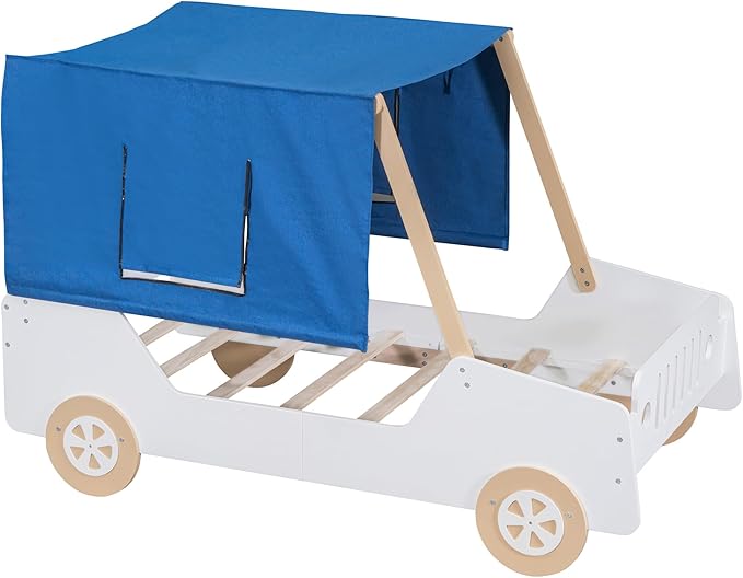 Twin Size Kids Car Bed with Tent Canopy & Wheels,Wood Bedframe W/Safty Grille,Raised Base Design,Easy Assembly,Toddler Boys Car-Shaped Bedroom Beds for Reading Playing Relaxing,White+Natural - LeafyLoom