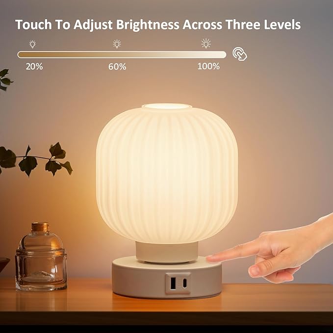 Touch Bedside Lamps Set of 2 with 3 Way Dimmable Light, Small Table Lamps with USB C+A Charging Ports - Bedroom Nightstand & Living Room Essential, Bulb Included - LeafyLoom