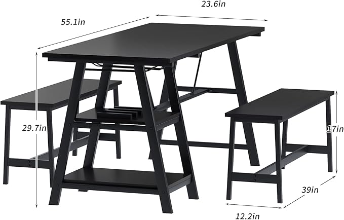 soges 3 Pieces Kitchen Dining Table Set for 4, Breakfast Table Set with 2 Benches, 4-Person Wooden Dinette with Wine Shelf and Glass Holder, Black 10CZWKDS04BW140 - LeafyLoom