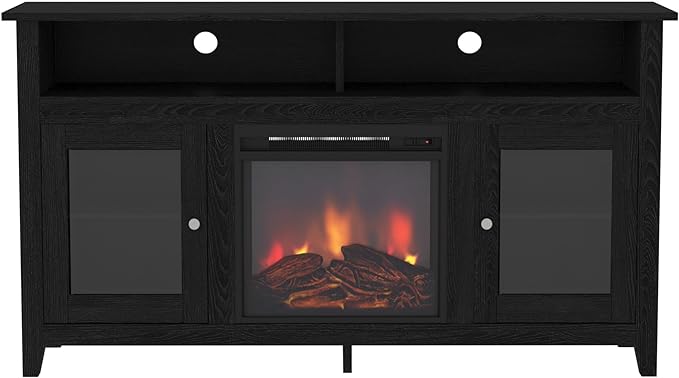 Walker Edison Glenwood Rustic Farmhouse Glass Door Highboy Fireplace TV Stand for TVs up to 65 Inches, 58 Inch, Black - LeafyLoom