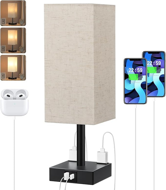 Touch Bedside Table Lamp For Nightstand - 3-Way Dimmable Night Lamp with USB A + Type C Charging Ports and two AC Outlets, Small Desk Light with E26 LED Bulb for Bedroom Living Room Dorm, BEIGE - LeafyLoom