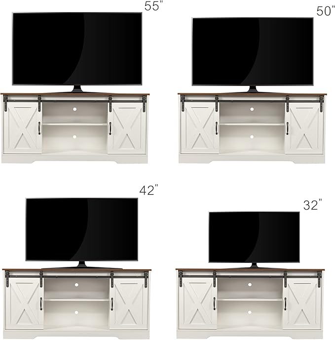 TV Stand with 2 Sliding Barn Doors, 59 Inch Television Stands with Adjustable Shelves for TVs Up to 65", Entertainment Center with Storage for Living Room, Distressed White - LeafyLoom