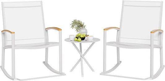 Shintenchi 3 Piece Outdoor Rocking Bistro Set, Textilene Fabric Small Patio Furniture Set, Front Porch Rocker Chairs Conversation Set with Table for Lawn, Garden, Balcony, Poolside (White) - LeafyLoom