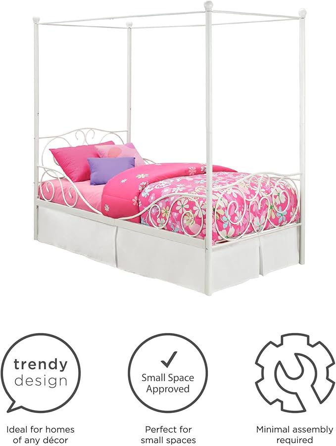 DHP Metal Canopy Kids Platform Bed with Four Poster Design, Scrollwork Headboard and Footboard, Underbed Storage Space, No Box Sring Needed, Twin, White - LeafyLoom