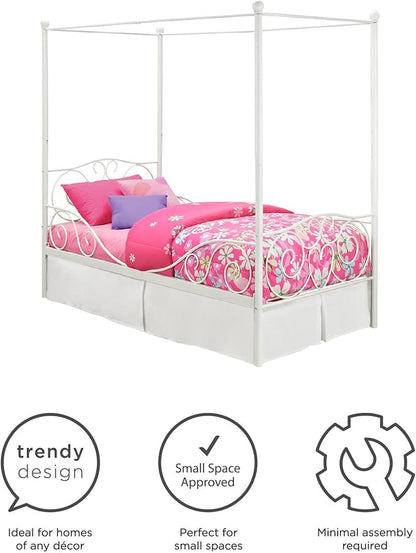 DHP Metal Canopy Kids Platform Bed with Four Poster Design, Scrollwork Headboard and Footboard, Underbed Storage Space, No Box Sring Needed, Twin, White - LeafyLoom