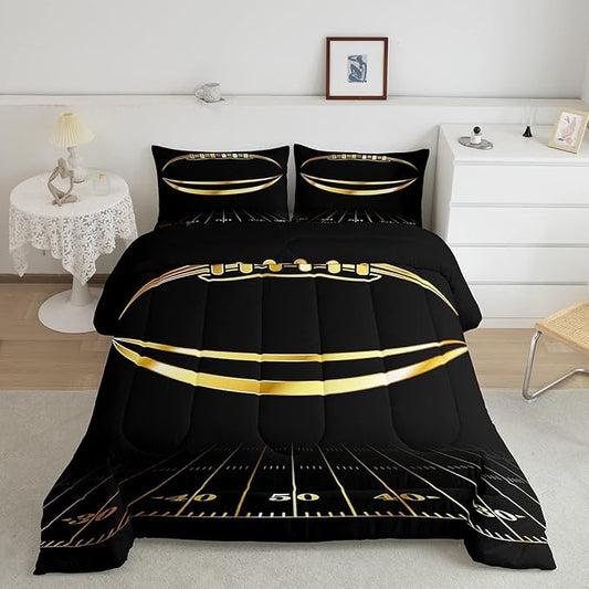 Feelyou Football Bedding Set King Kids Rugby Sports Comforter Set American Football Comforter Set for Boys Golden Black Room Decor Quilt with 2 Pillow Case Boys - LeafyLoom