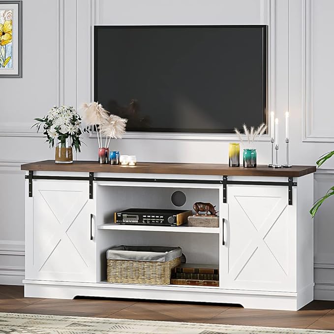 IDEALHOUSE Farmhouse TV Stand for 65 Inch TV Entertainment Center TV Media Console Table, Barn Door TV Stand with Storage and Shelves, Tall Modern TV Console Table Furniture for Living Room (White) - LeafyLoom