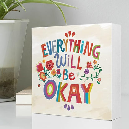 Ruvoty Everything Will Be Okay Colorful Word Art Wooden Sign Desk Decor,Inspirational Wood Block Sign Desk Decorations for Home Bedroom Dorm Office Desk Shelf Table Decor - LeafyLoom