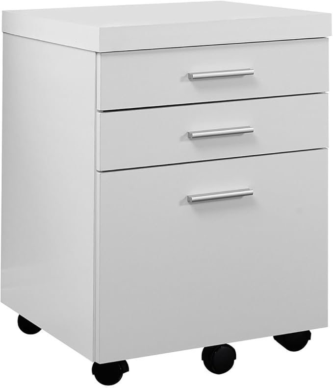 Monarch Specialties White Hollow-Core 3 Drawer File Cabinet on Castors - LeafyLoom