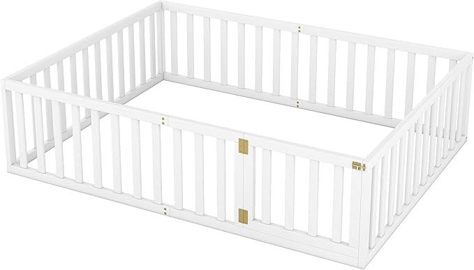 Multifunctional Queen Size Floor Bed with Safety Guardrails and Door, Montessori Sturdy Solid Wood Beds Frame, Easy Assembly and No Spring Need, for Boys and Girls Room, White - LeafyLoom