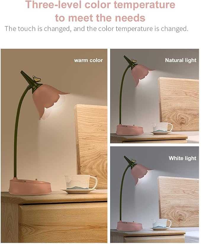 LED Desk Lamp Cordless Table Light Adjustable Gooseneck Dimmable Touch Rechargeable Battery Eye-Caring Night Light for Kids College Dorm Bedroom Reading (Pink) - LeafyLoom