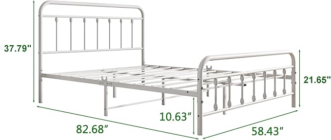 Vintage Queen Size Bed Frame with Headboard and Footboard Mattress Heavy Duty Metal Platform Bed Frame Steel Slat Support (Queen, White) - LeafyLoom