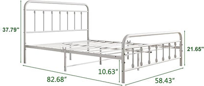 Vintage Queen Size Bed Frame with Headboard and Footboard Mattress Heavy Duty Metal Platform Bed Frame Steel Slat Support (Queen, White) - LeafyLoom