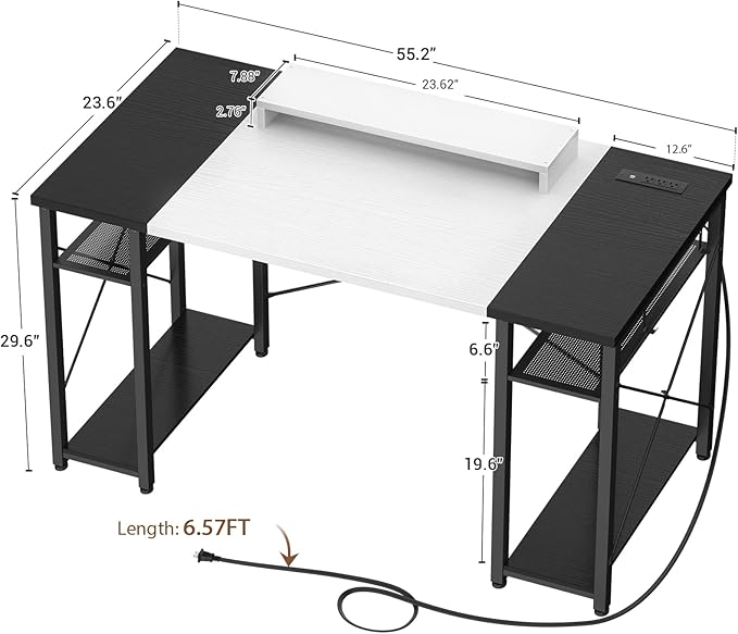 armocity Computer Desk, 55 Inch Desk with Power Outlet and USB, Reversible Large Desk with Moveable Monitor Stand, Industrial Gaming PC Table for Home Office, Workstation, White and Black - LeafyLoom