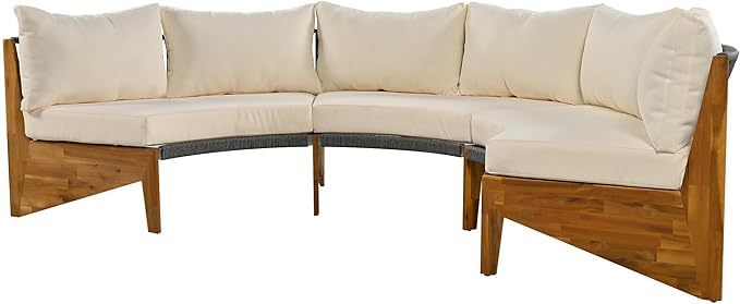 Merax Outdoor Sectional Patio Furniture Sets, Half Moon All Weather Wicker Seating Group, with Cushions and Round Coffee Table, Beige - LeafyLoom