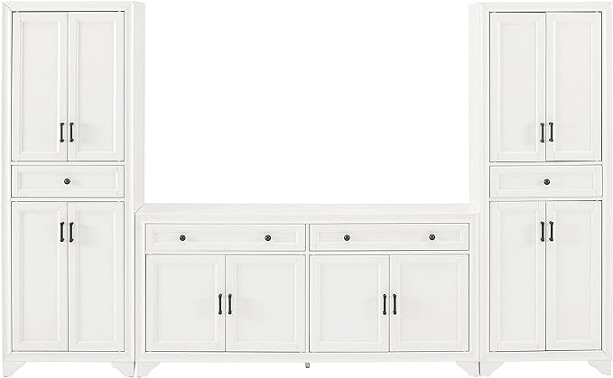 Crosley Tara 3-Piece Sideboard and Pantry Set with 2 Pantries, Distressed White - LeafyLoom