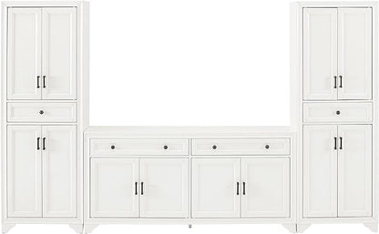 Crosley Tara 3-Piece Sideboard and Pantry Set with 2 Pantries, Distressed White - LeafyLoom