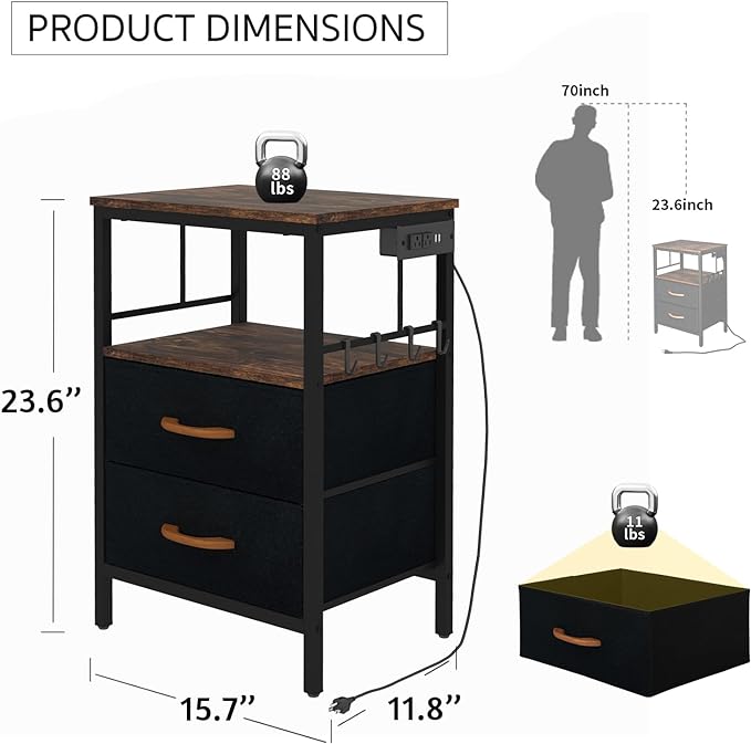 Nightstands set 2 for Bedroom Decor, Bedside Table with Charging Station, Night Stands with Fabric Drawers and Open Shelf, Side Table with USB Ports & Outlets (Rustic Brown,2) - LeafyLoom