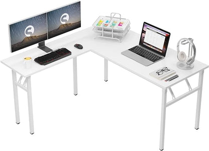 DlandHome L-Shaped Folding Computer Desk 55inches and 55inches Left and Right Adjustable Half-Installed Home Office Workstation Corner Table,White +White - LeafyLoom