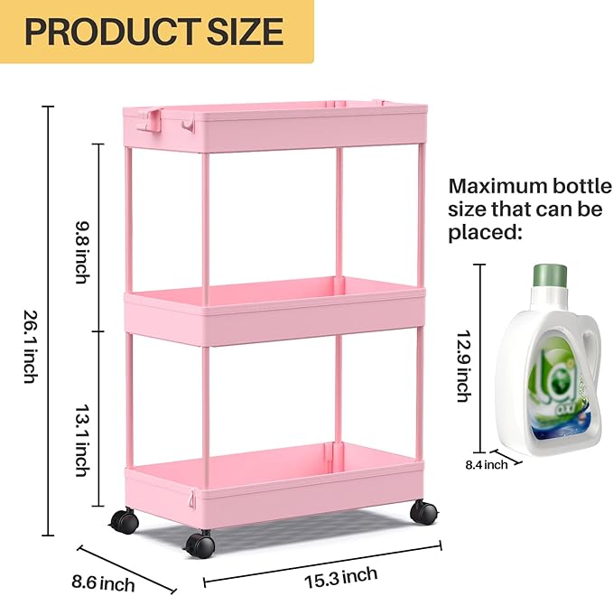 SPACEKEEPER Rolling Storage Cart 3 Tier, Bathroom Cart Organizer Laundry Room Organizer Utility Cart Mobile Shelving Unit Multi-Functional Shelves for Office, Kitchen, Bathroom, Pink - LeafyLoom