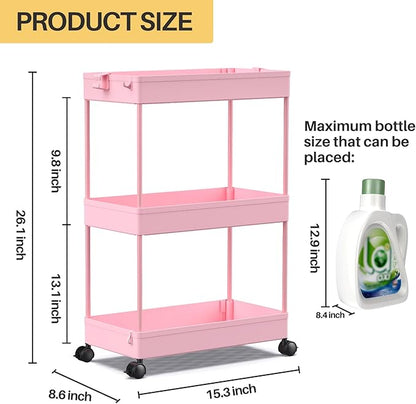 SPACEKEEPER Rolling Storage Cart 3 Tier, Bathroom Cart Organizer Laundry Room Organizer Utility Cart Mobile Shelving Unit Multi-Functional Shelves for Office, Kitchen, Bathroom, Pink - LeafyLoom