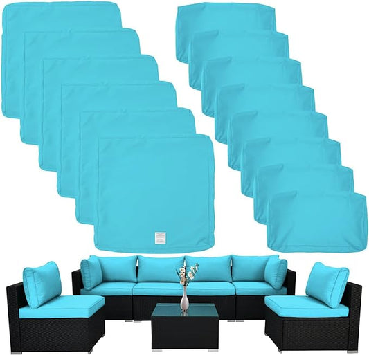 ClawsCover 14Pack Outdoor Seat and Back Cushions Replacement Covers Fit for 7Pieces 6-Seater Wicker Rattan Patio Furniture Set Sectional Couch Chair,Turquoise-Include Cover Only (Small) - LeafyLoom