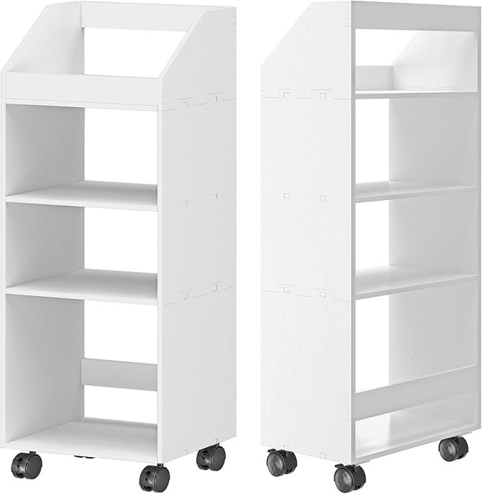 4-Tier Mobile Bookshelf, White Bookcase with Wheels, Rolling File Holder Desk File Book Organizer for Home Office Living Room School - LeafyLoom