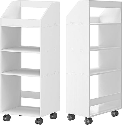 4-Tier Mobile Bookshelf, White Bookcase with Wheels, Rolling File Holder Desk File Book Organizer for Home Office Living Room School - LeafyLoom