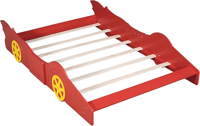 Car Shaped Toddler Bed with Wheels,Racecar Platform Beds W/Safety Guardrail,Slats Support,Stylish Design,Easy Assembly,Wood Full Bedframe for Boys Toddlers Kids Teens Bedroom,Red - LeafyLoom