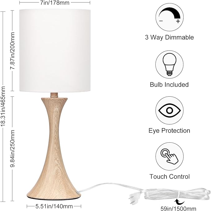 Bedside Touch Lamp, 3 Way Dimmable Touch Control Table Lamp, Wood Grain Farmhouse Table Lamp, Modern Nightstand Lamp with White Shade for Bedroom, Dorm, Office, 3000K LED Bulb Included - LeafyLoom