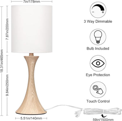 Bedside Touch Lamp, 3 Way Dimmable Touch Control Table Lamp, Wood Grain Farmhouse Table Lamp, Modern Nightstand Lamp with White Shade for Bedroom, Dorm, Office, 3000K LED Bulb Included - LeafyLoom