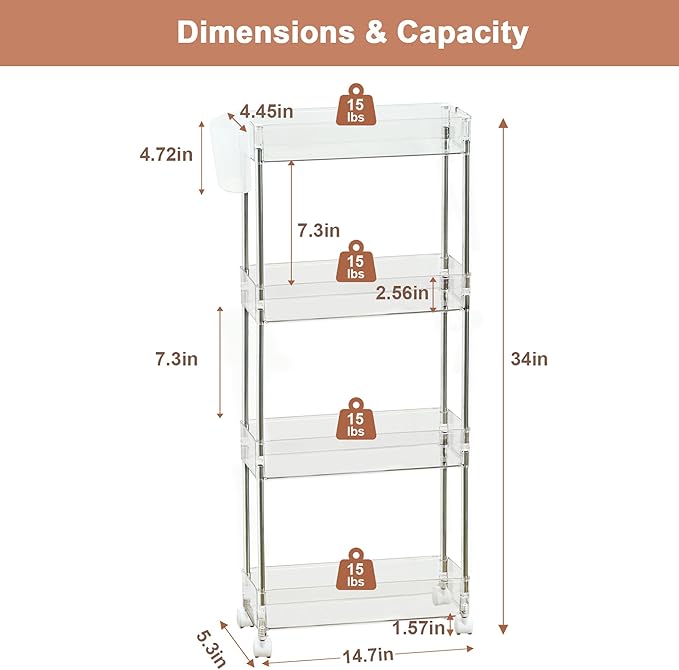 VECELO Acrylic 4-Tier Rolling Storage Cart,Multifunction Slim Utility Clear Cart Kitchen Storage Organizer,Mobile Cart with Lockable Wheels Hooks&Bucket for Home Office,Clear - LeafyLoom