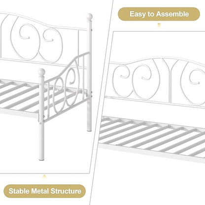 VECELO Twin Daybed Frame, Metal Day Bed with Classic Headboard, Multifunctional Platform Beds for Bedroom, Living Room, Guest Room, No Boxing Spring Needed, White - LeafyLoom