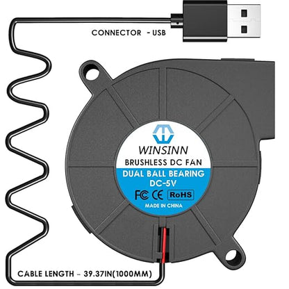 WINSINN 50mm 5015 Tiny Cooling USB Blower Fan 5V, 50mm Micro Mini USB 5 Volt Fans Blower Turbine Turbo Dual Ball Bearing, 1000mm/39in Cable Brushless Cooling 50mmx15mm (Pack of 4Pcs) - LeafyLoom