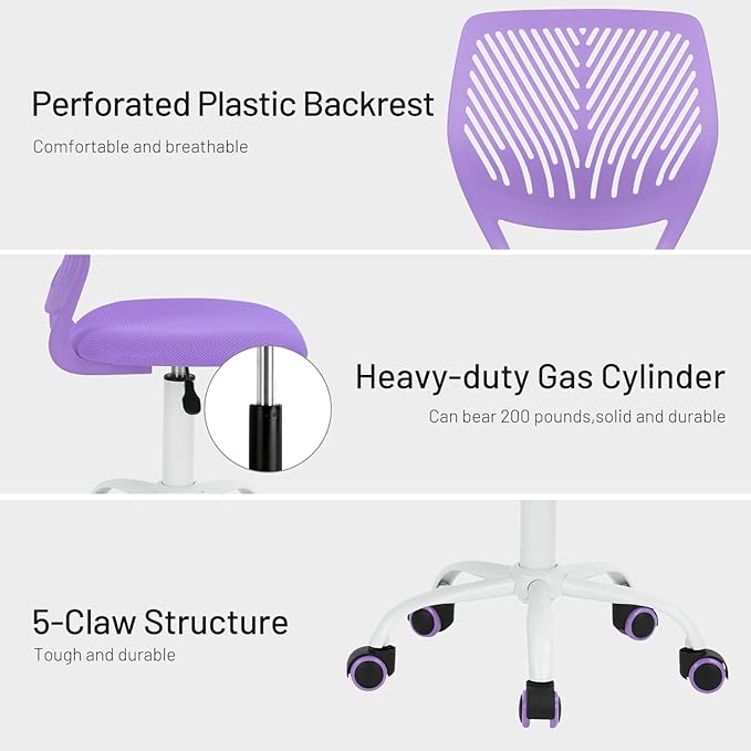 FurnitureR Desk Chair Small Study Chairs Armless for Child Kids Teens, Swivel Rolling Lightweight Mid Back Task Chair with Wheels and Mesh Padded Cushion, Purple - LeafyLoom