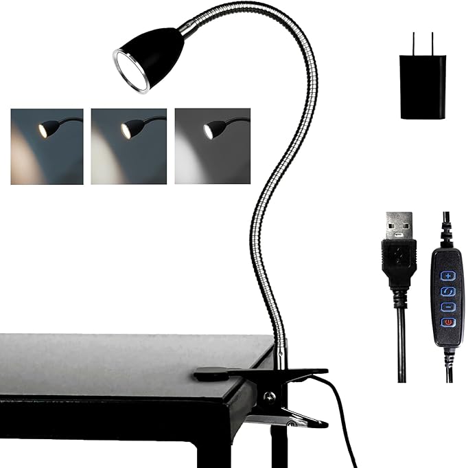 Desk lamp Eye-Caring Table Lamps, 360°Rotation Gooseneck Clip on Lamp Reading Light, Portable Reading Book Light, Clamp Light, Study Desk Lamps for Bedroom and Office Home Lighting (Black-C01) - LeafyLoom