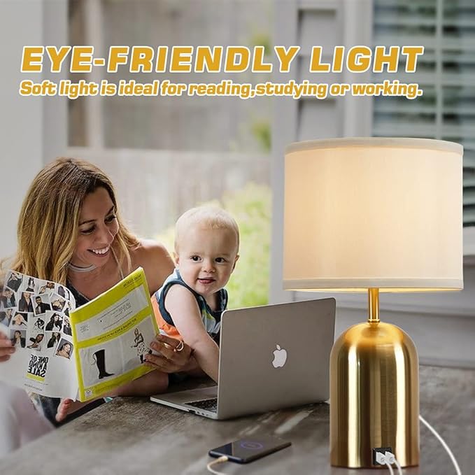 Bedside Lamp with USB Port, Touch Control Table Lamp for Bedroom 3 Way Dimmable Modern Nightstand Lamp with Fabric Shade Gold Base for Living Room, Dorm, Home Office, LED Bulb Included - LeafyLoom