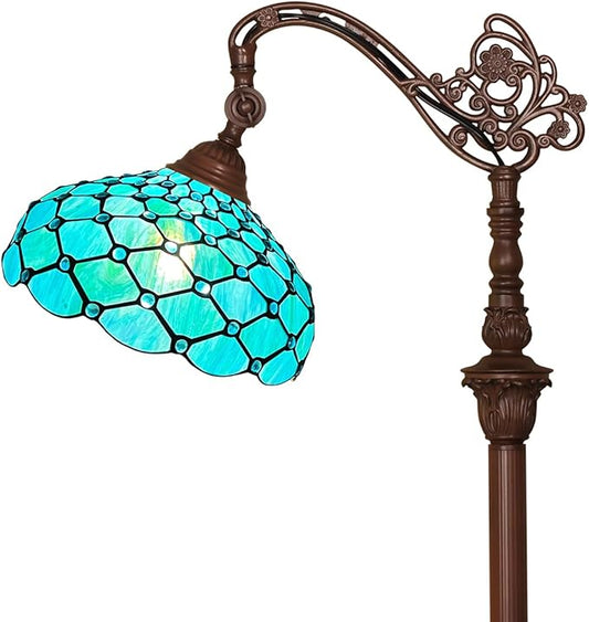 Capulina Tiffany Floor Lamp 62 Inches Tall Seagrass Blue Beads Style Stained Glass Soft Light Arched Gooseneck Adjustable Angle Reading Lamp for Living Room Bedroom Home Office - LeafyLoom