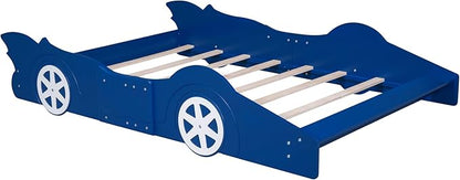 Car Shaped Toddler Bed with Wheels,Racecar Platform Beds W/Safety Guardrail,Slats Support,Stylish Design,Easy Assembly,Wood Full Bedframe for Boys Toddlers Kids Teens Bedroom,Blue - LeafyLoom