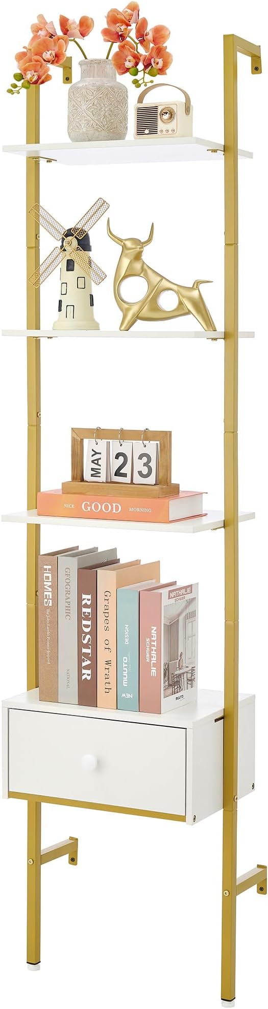 Tajsoon Ladder Shelf, Tall Bookcase with Storage Drawers, 4-Tier Wood Wall Mounted Bookshelf, Open Display Rack, Storage Shelves for Bedroom, Home Office, Collection, Plant Flower, Gold & White - LeafyLoom