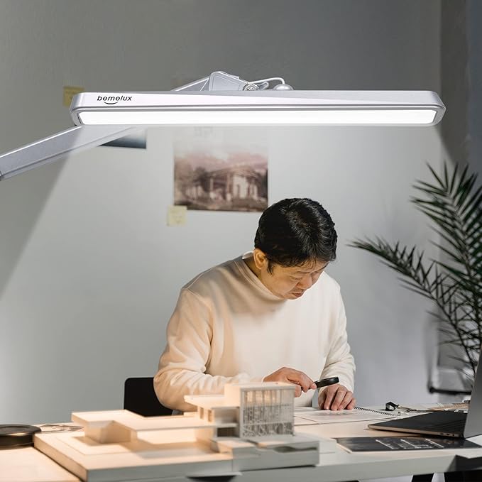 LED Architect Desk Lamp with Clamp, Metal Swing Arm 2000 Lumens Dimming Office Table Lamp for Task Work Drafting Reading Desktop, 234PCS Bright LEDs, 24W, 5 Color Temperatures Workbench Lamp - LeafyLoom