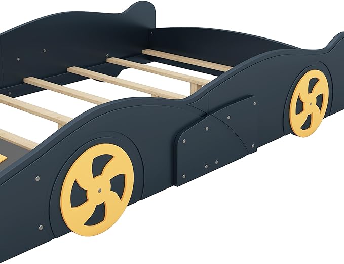 Full Size Race Car-Shaped Platform Bed with Wheels,Wooden Car Bedframe W/Storage Space,No Box Spring Required,for Boys Toddlers Kids Child's Bedroom,Dark Blue+Yellow - LeafyLoom